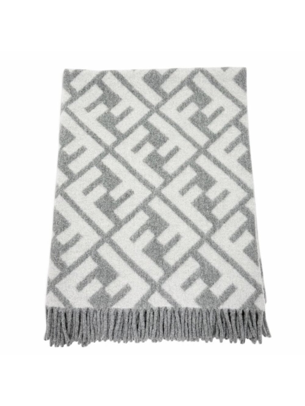 Fendi Alpaca Wool Blend FF Logo All Over Pattern Fringe Throw Gray 180 cm